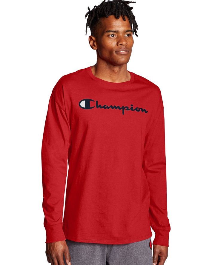 Champion Herre T-Shirts Rød - Classic Long-Sleeve Script Logo - Danmark UAG-268903